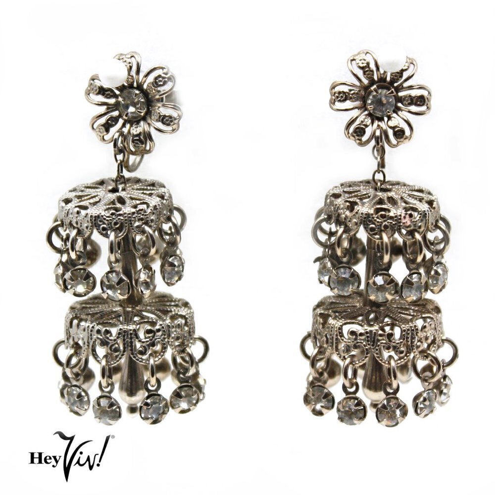 Vintage 3" Hanging Chandelier Rhinestone Dangle Earrings - Screw Back - Hey Viv